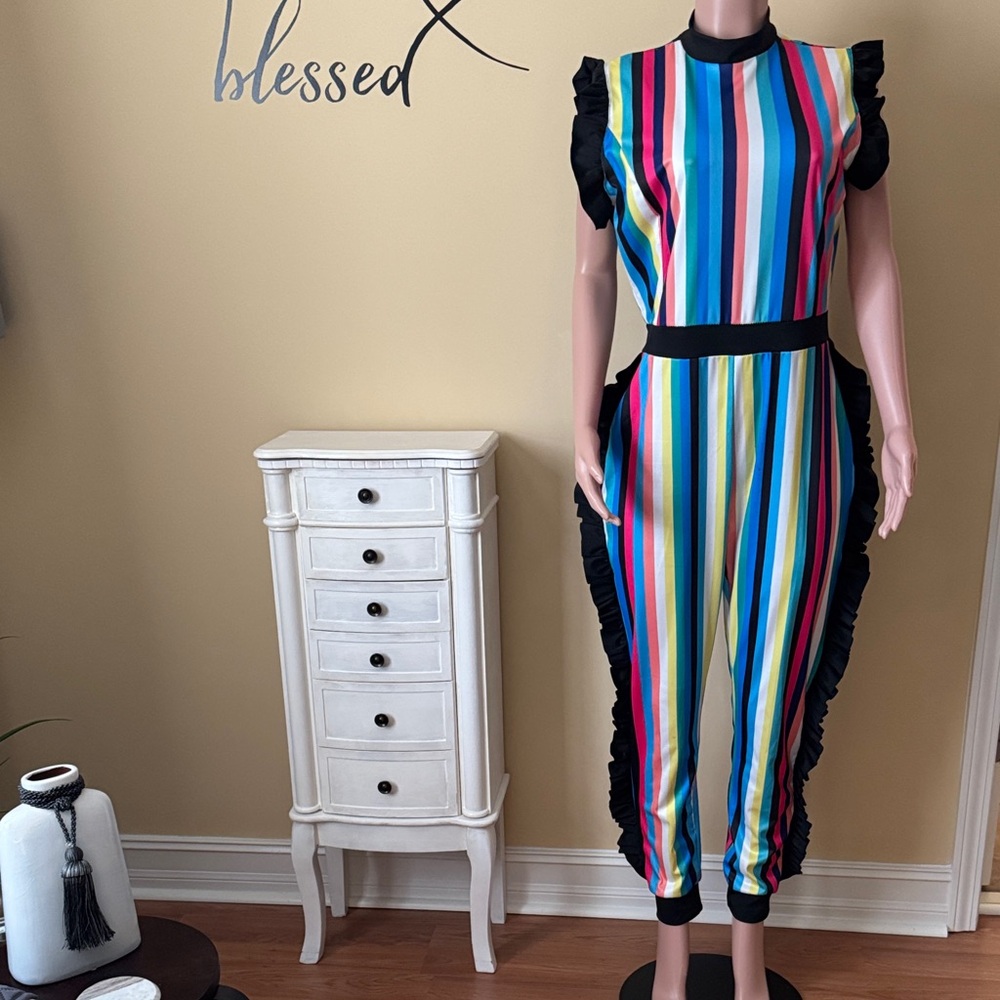 💕Colorful Striped Jumpsuit with Black Accents💕